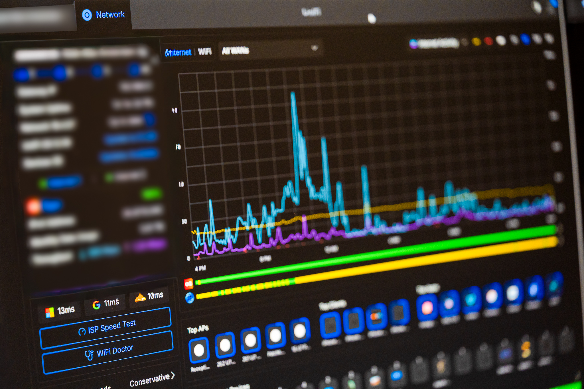 Network monitoring dashboard showing live throughput graphs